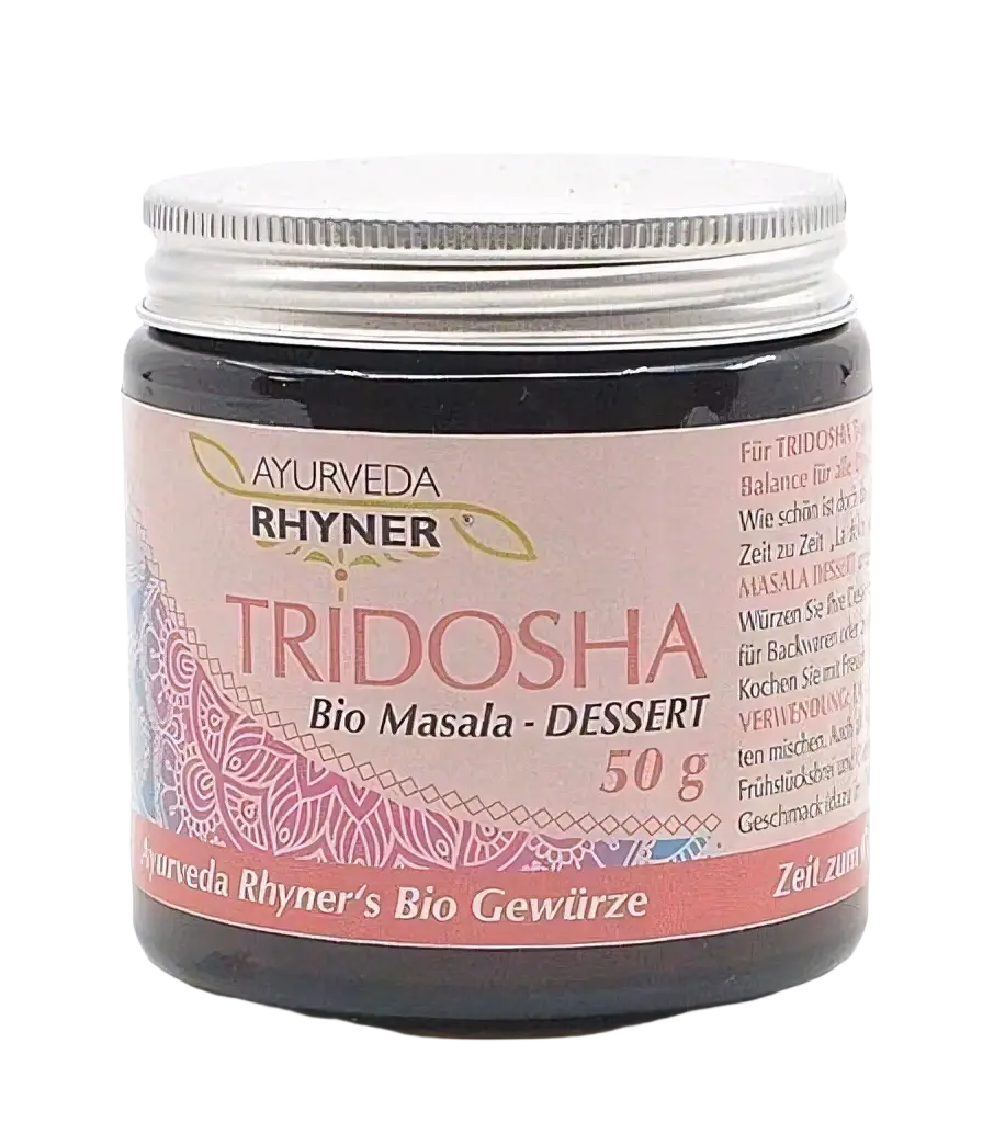 Ayurveda Rhyner Tridosha Bio Masala für Desserts, 50g, bio Gewürz mit ayurvedischer Rezeptur, in einer Verpackung.