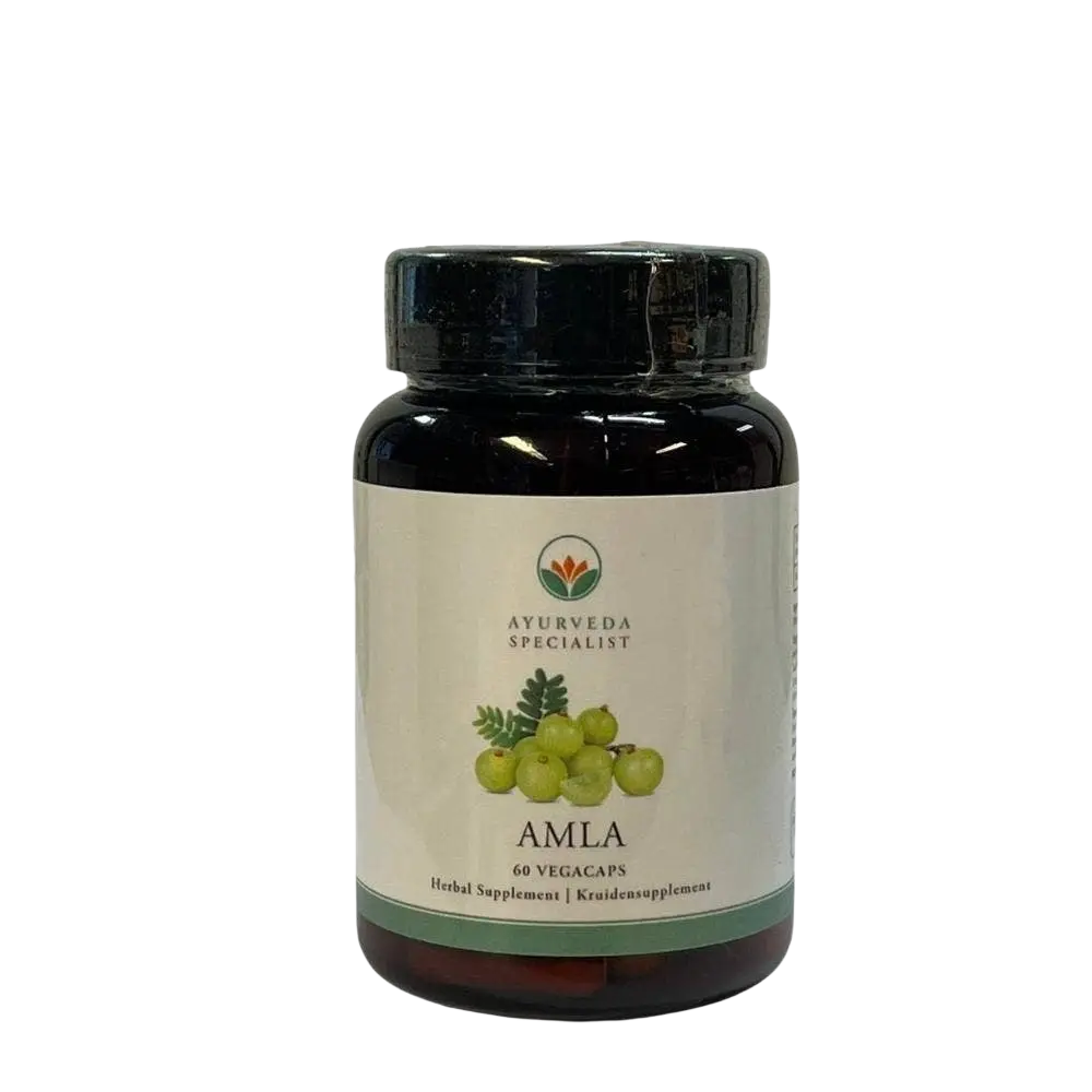 Ayurveda Specialist B.V. Amla Nahrungsergänzung in 60 veganen Kapseln, Produktbild mit Verpackung und Kapseln.