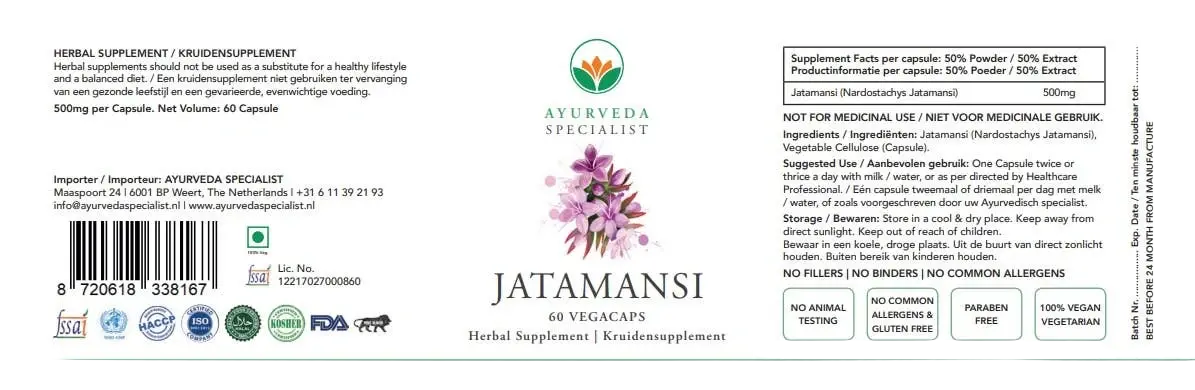 Ayurveda Specialist B.V. Jatamansi Kapseln 500 mg, natürliche Nahrungsergänzung für Beruhigung, in einer transparenten Flasche.