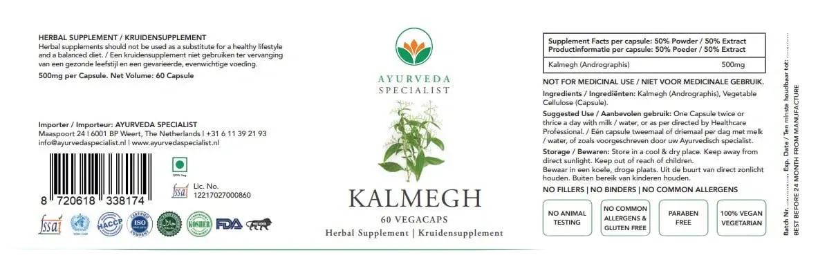 Nahrungsergänzungsmittel Ayurveda Specialist B.V. Kalamegh mit Andrographis paniculata, ayurvedisches Immun-Booster Kraut, in Flasche