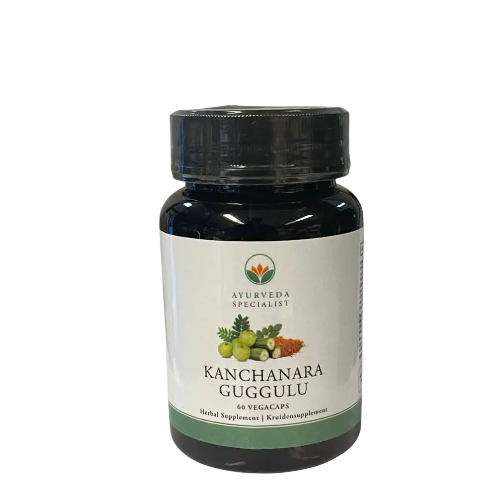 Ayurveda Specialist B.V. Kanchanara Guggulu Nahrungsergänzung in Packung mit grüner Verpackung, traditionelle ayurvedische Kräuter.