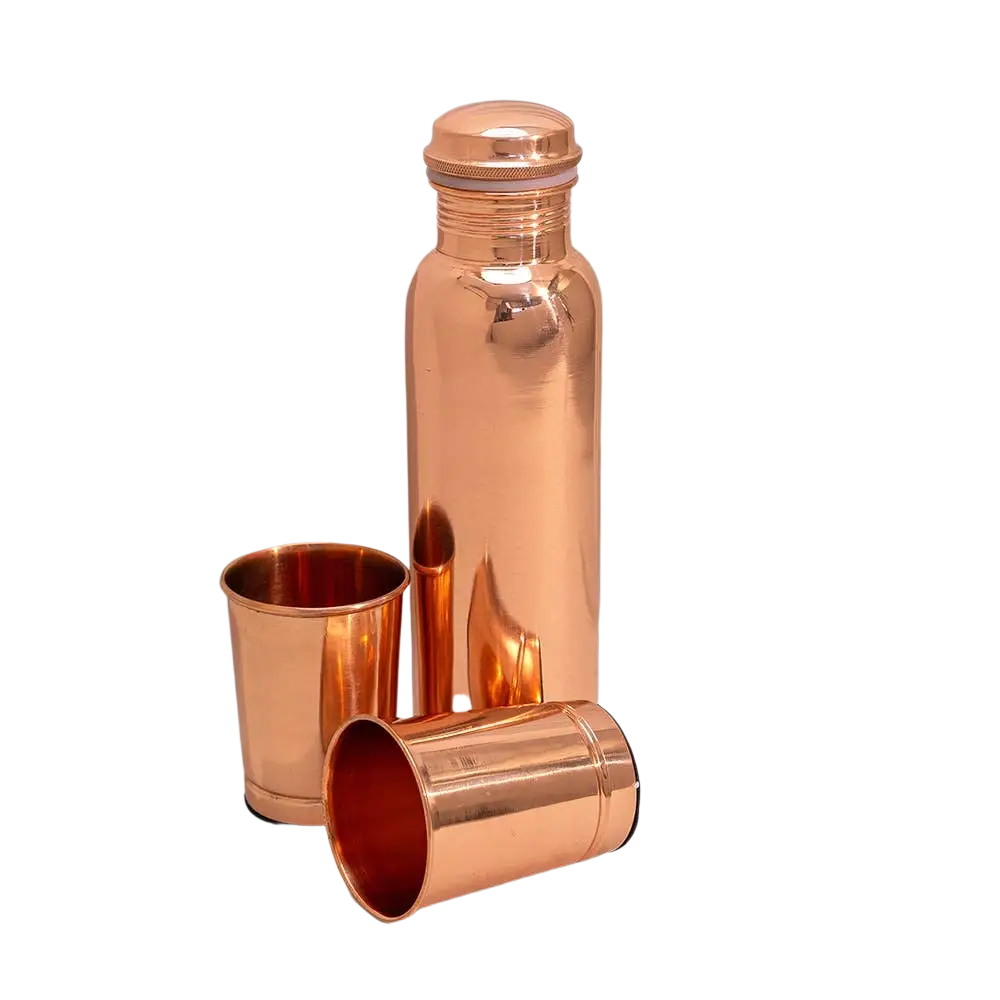Ayurveda Specialist B.V. Reines Kupfer-Set mit Wasserflasche und 2 Bechern, ca. 950 ml, glatt, aus Kupfer gefertigt