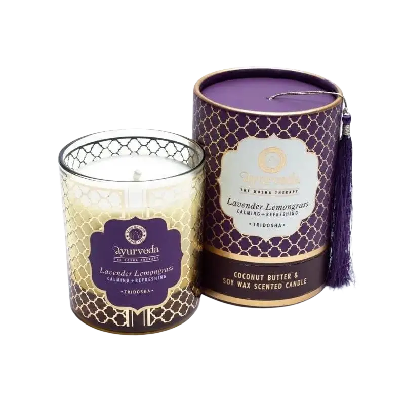 Aromakerze mit Lavendel und Zitronengras von Ayurveda Specialist B.V. Song of India Tridosha, natürliche Ayurveda-Kerze.