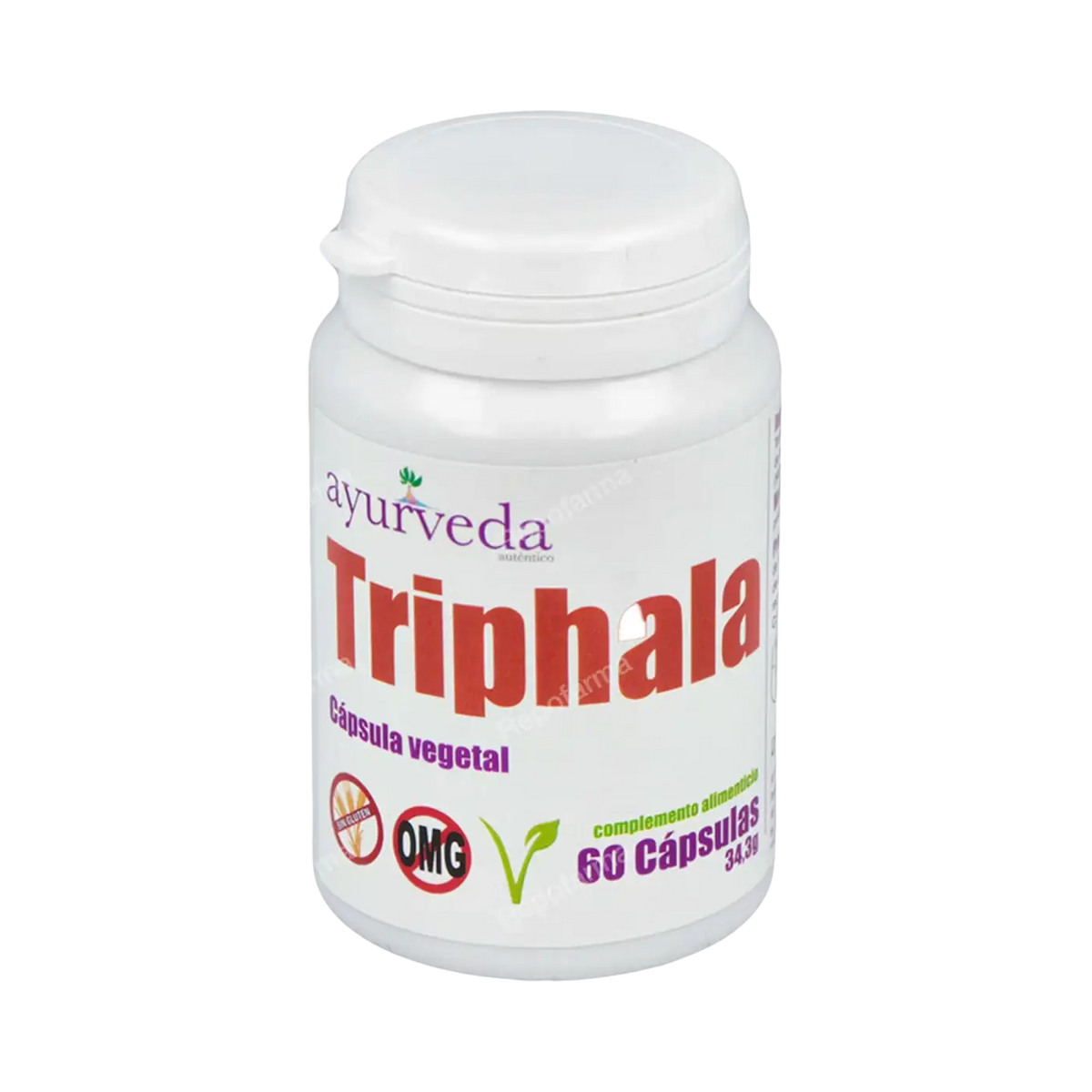 Ayurveda Triphala Nahrungsergänzung in weißer Plastikflasche mit 60 Kapseln, von Ayurveda Auténtico.