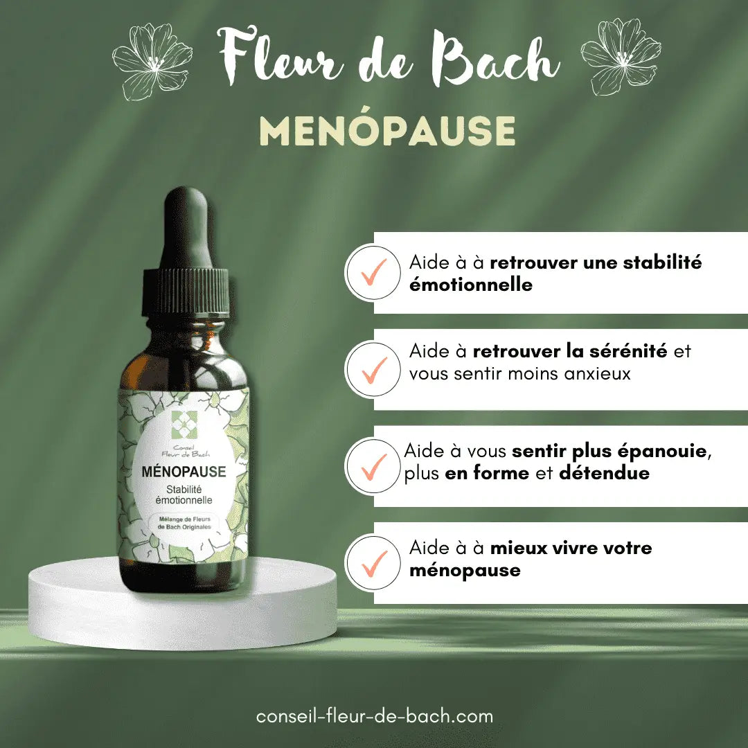 Nahrungsergänzung Bachblüten Menopause von Conseil fleur de Bach, emotionale Stabilität und Gelassenheit, Flasche mit Blütenextrakt