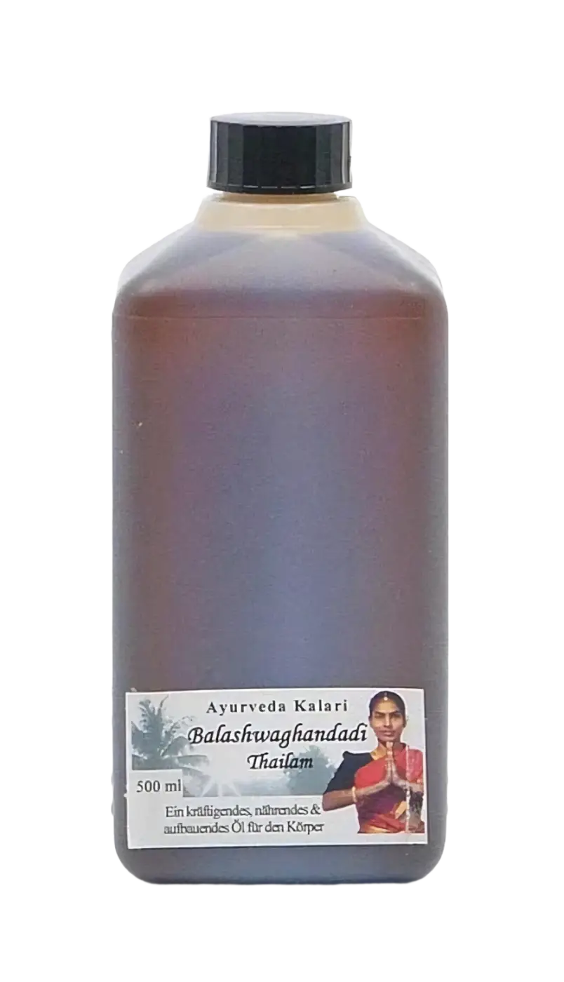 Midgard Kalari Balashwagandhadi Thailam 500ml Körperöl, Massageöl für Kraft, Geschmeidigkeit und Ruhe, Flasche mit Öl