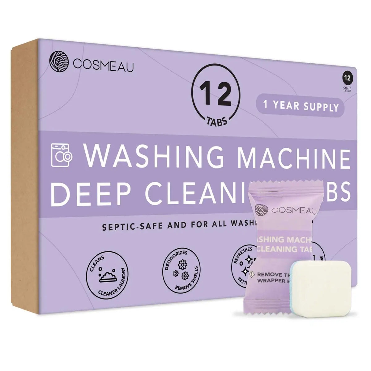 Bambuszzy x Cosmeau Tiefenreinigungstabletten für Waschmaschinen, saubere und frische Waschergebnisse, weiße Tabletten in Packung