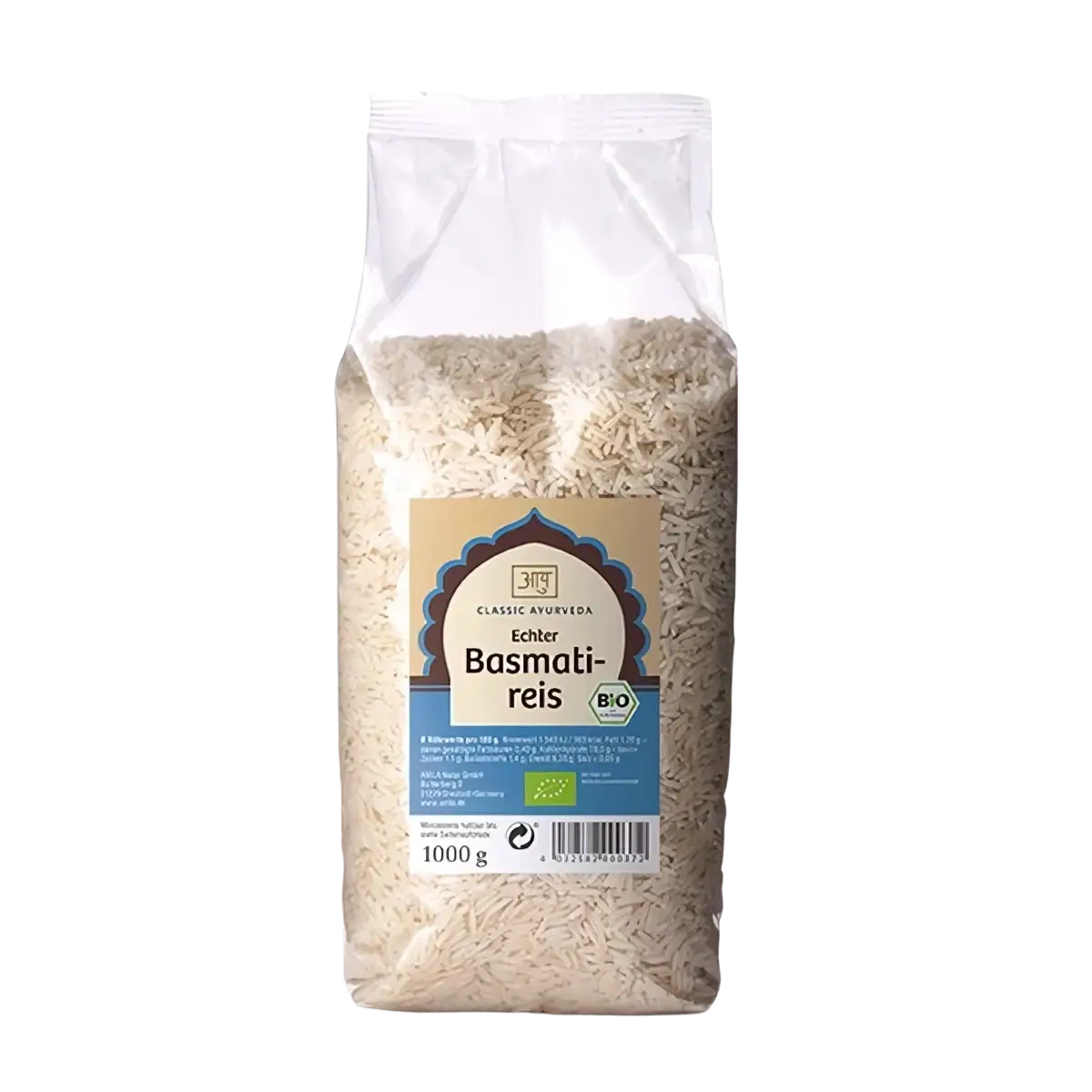 Bio Basmati Reis von Classic Ayurveda, getrocknetes Getreide in durchsichtiger Verpackung, ideal für gesunde Mahlzeiten