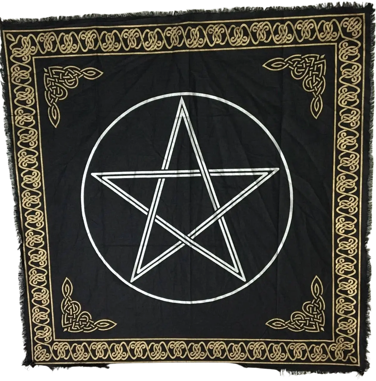 Schwarzes Baumwoll-Altar-Tuch 60x60cm mit Pentagramm, Green Tree Candle, als Lunghi für rituelle Zeremonien.
