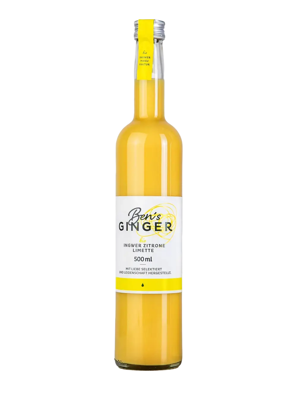 Ben's Ginger Bio-Shot mit Ingwer, Zitrone und Limette in Flasche, für Verdauung und Vitalität, Sirup und Saft, Nahaufnahme