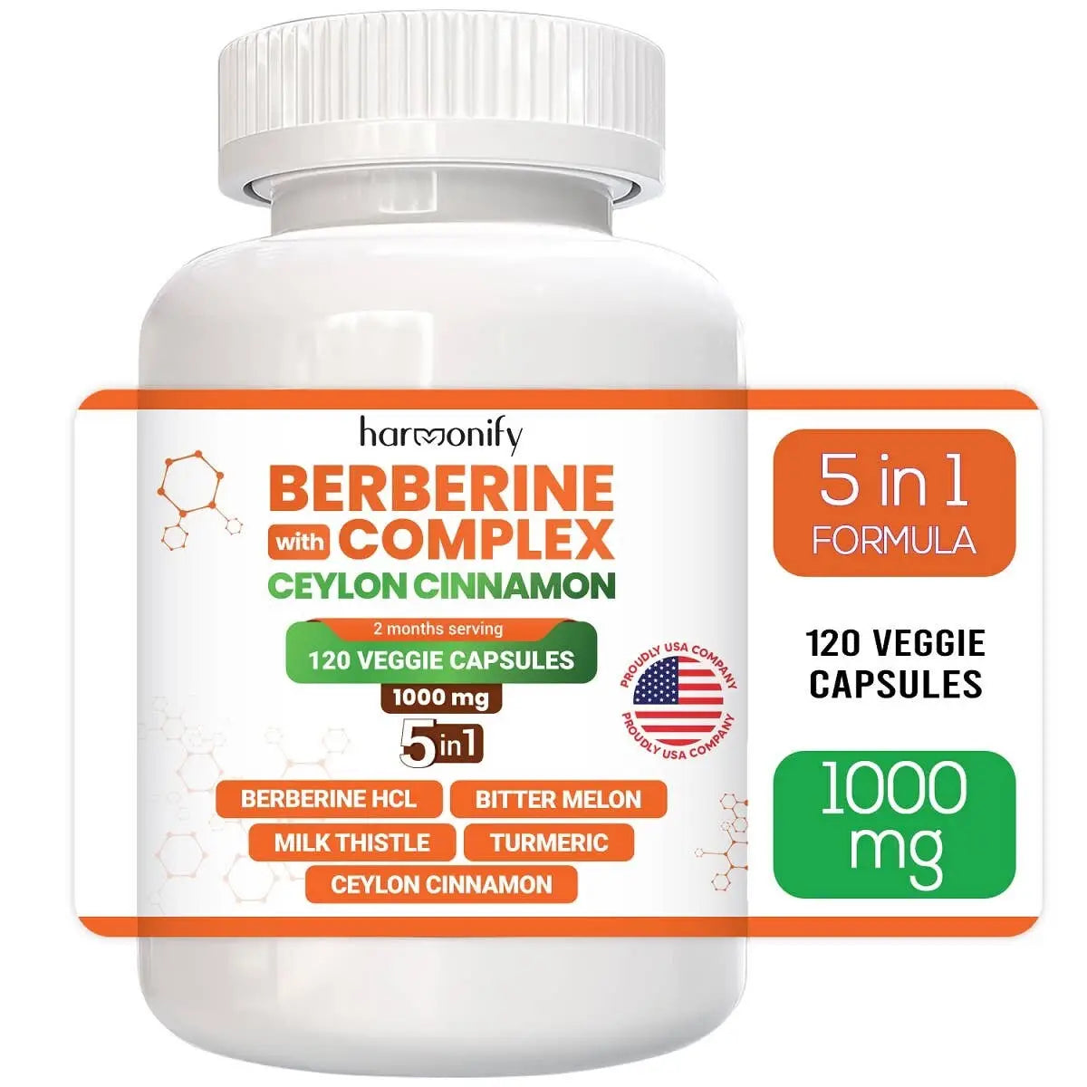 HARMONIFY Berberin Komplex 5-in-1 Nahrungsergänzung mit Ceylon-Zimt, Kurkuma und Mariendistel in 120 Kapseln