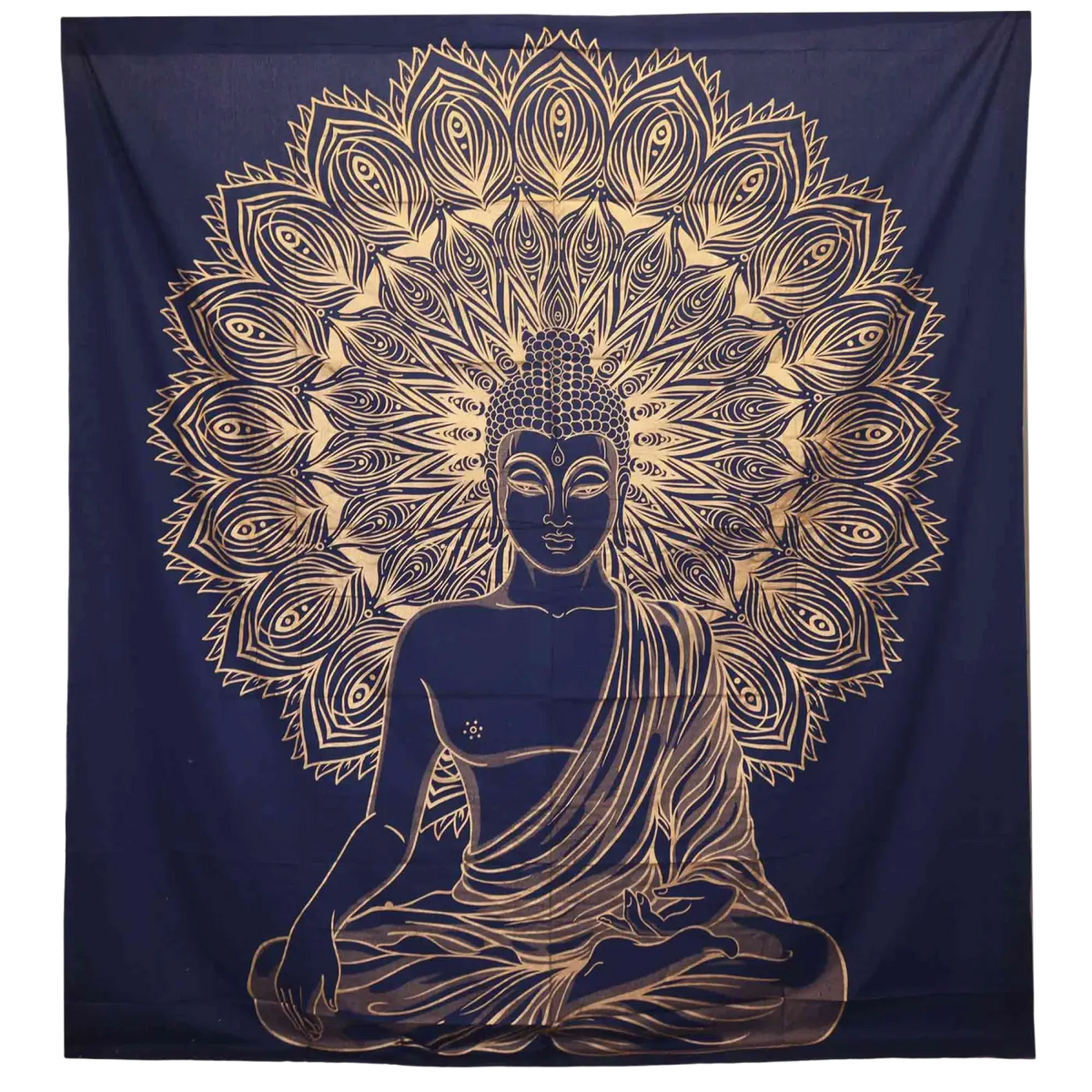 Buddha Wandbehang und Ritualtuch für 2 Personen, Baumwolle, Blaugold, 230x200 cm, dekoratives Wanddekor von AW Artisan