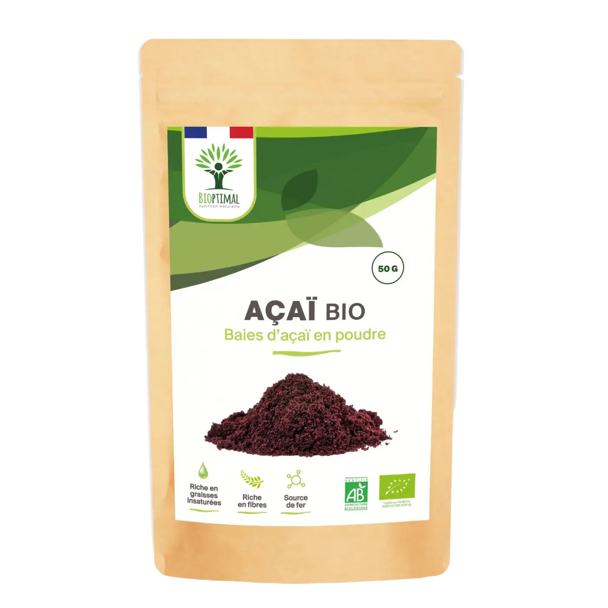 Bio-Acai-Pulver von Bioptimal, vegane Nahrungsergänzung in brauner Verpackung, 50 g, feines Pulver für gesunde Ernährung