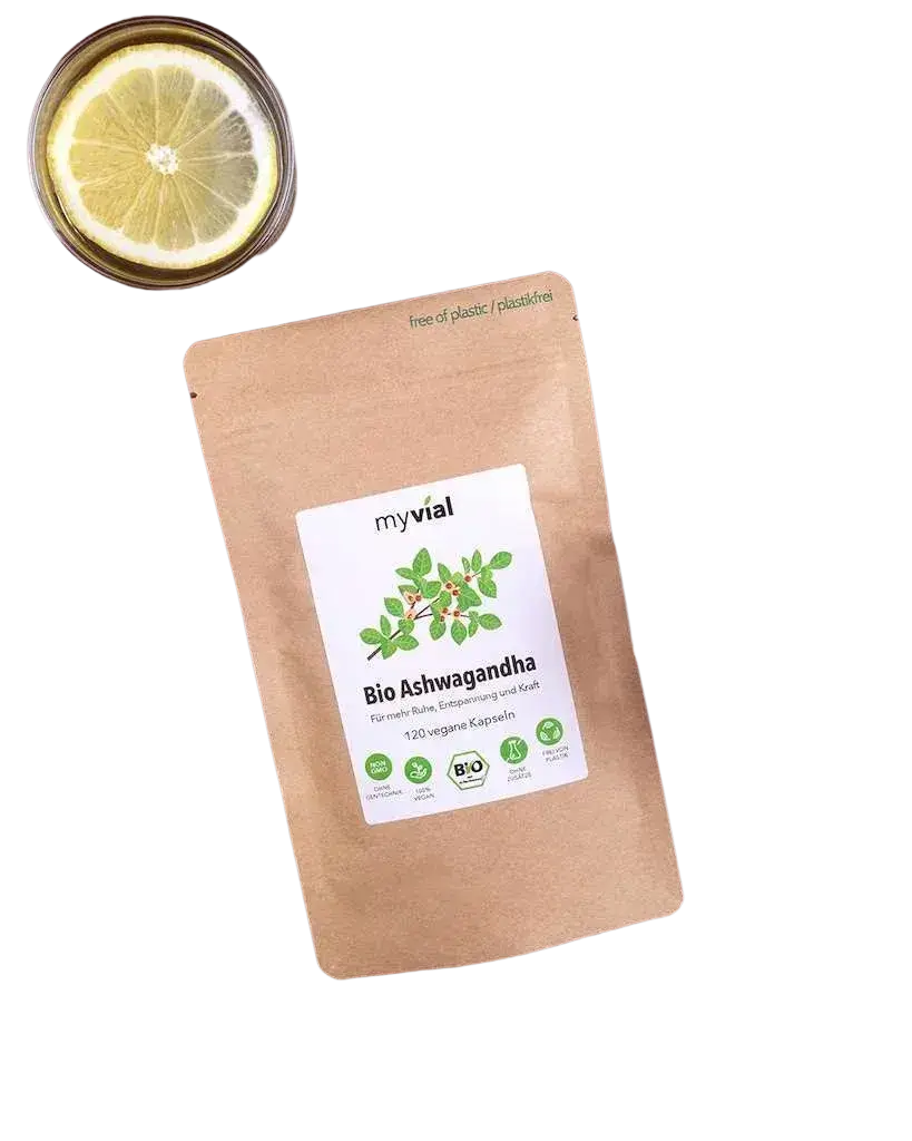 Bio Ashwagandha Kapseln von myvial, vegane Nahrungsergänzung mit 1200 mg, 120 Stück, entspannend und natürlich.
