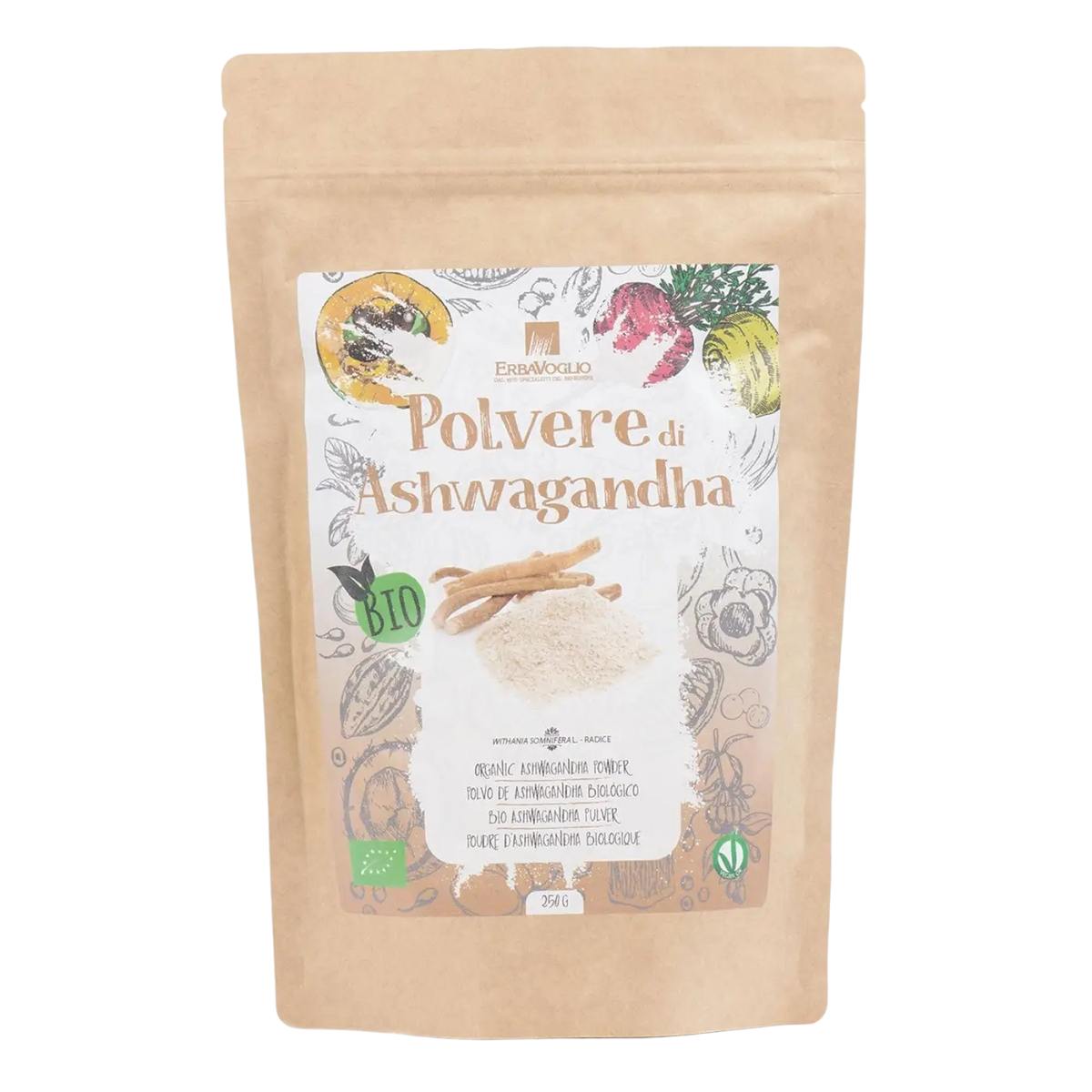Bio-Ashwagandha-Pulver von Erbavoglio, 250g, in einer offenen Packung, zeigt das braune Pulver für Stress, Ausdauer und Schlaf.