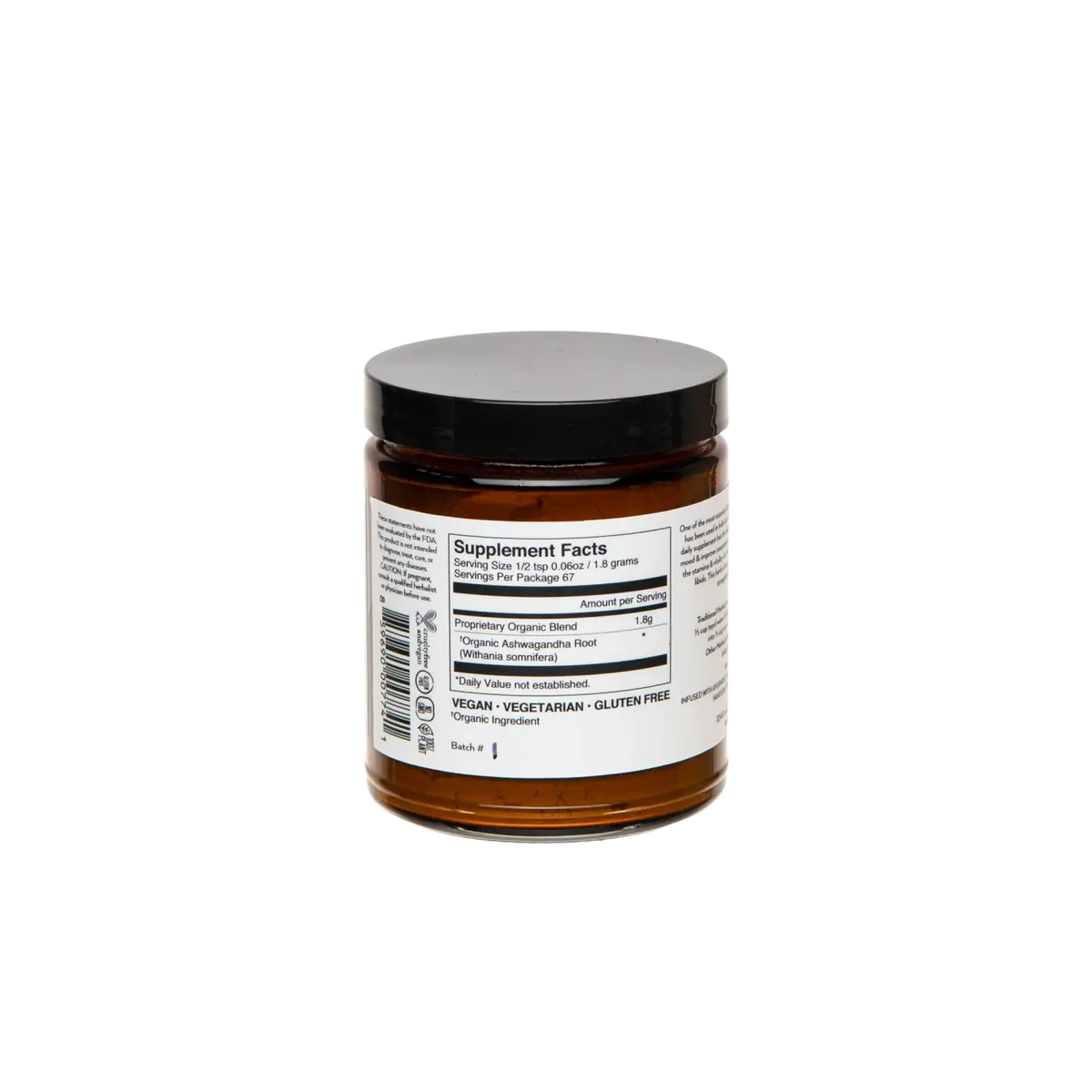 Ein glas mit schwarzem deckel enthält bio ashwagandha pulver in amberfarbener organischer ashwagandha pulvermischung