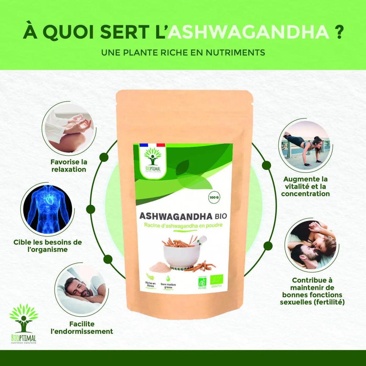 Bio-Ashwagandha-Pulver von Bioptimal, nährstoffreiches Nahrungsergänzungsmittel für mehr Kraft, Ruhe und Balance, 100 g.