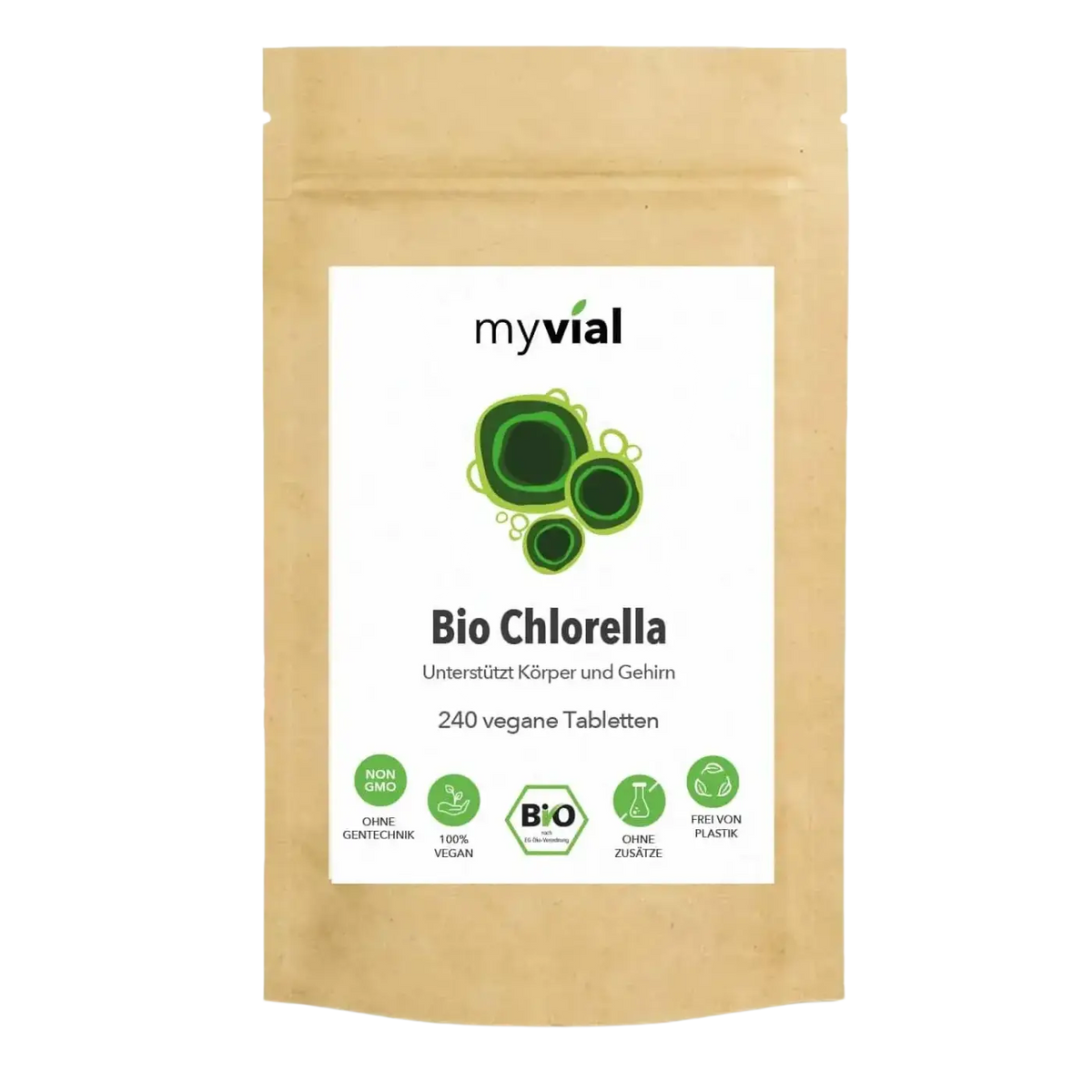 Vegan Bio Chlorella Tabletten von myvial, 240 Stück, nährstoffreiche Nahrungsergänzung in Tablettenform.