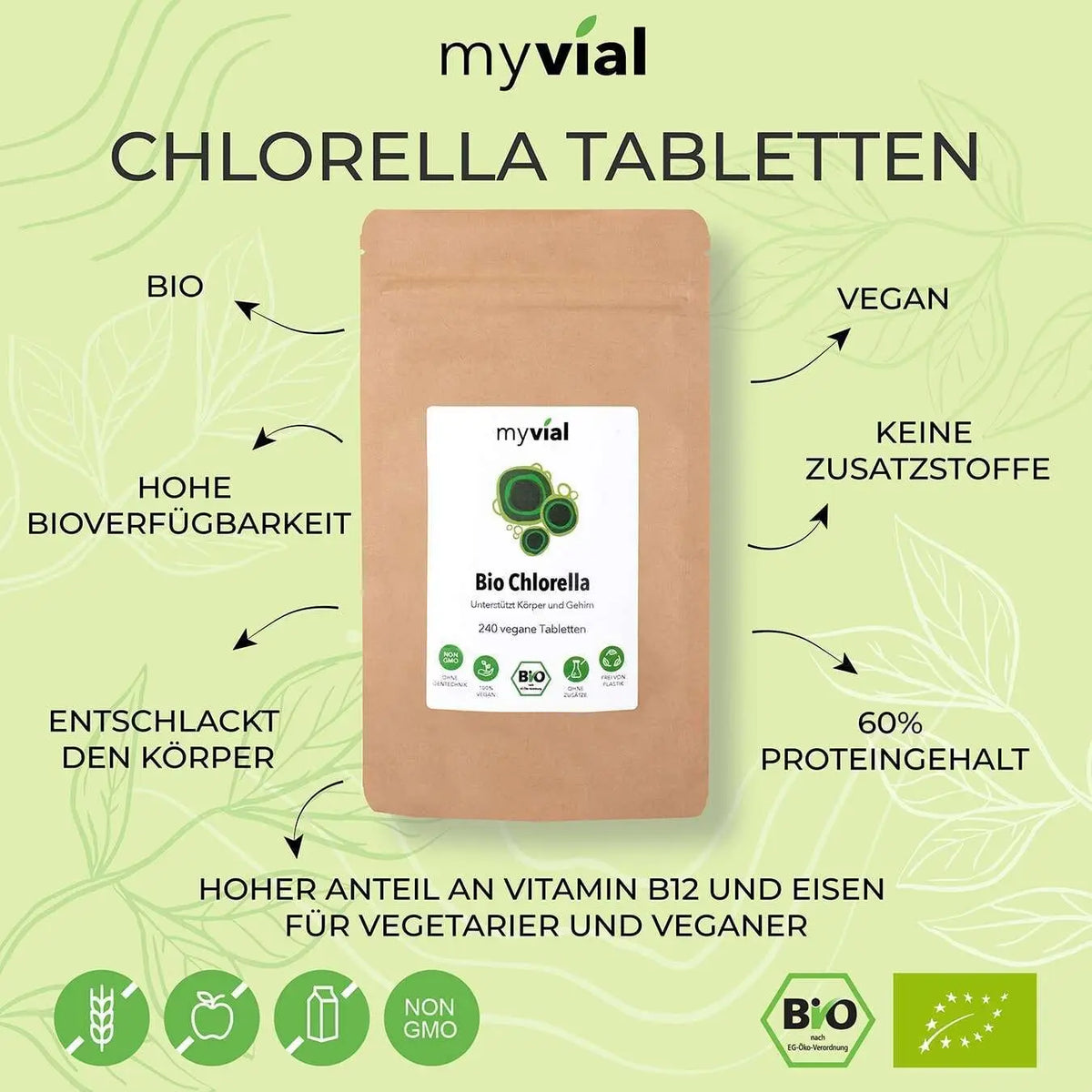 Bio Chlorella Tabletten von myvial, vegane Nahrungsergänzung, 240 Presslinge, Nahaufnahme der grünen Tabletten