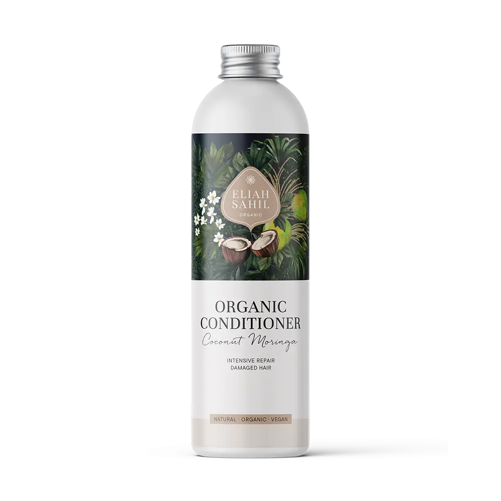 Eliah Sahil Bio Conditioner Kokos & Moringa für glänzendes, geschmeidiges Haar, sichtbar in der Flasche, naturbelassene Pflege.