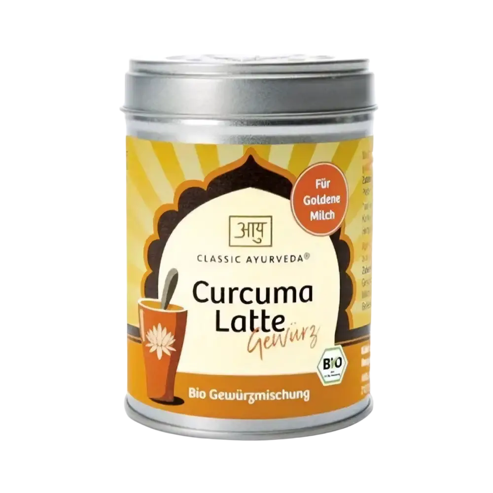 Bio Curcuma Latte Gewürzmischung in silberner Dose, Bio-Gewürze für aromatischen Kaffee und Getränke, von Classic Ayurveda