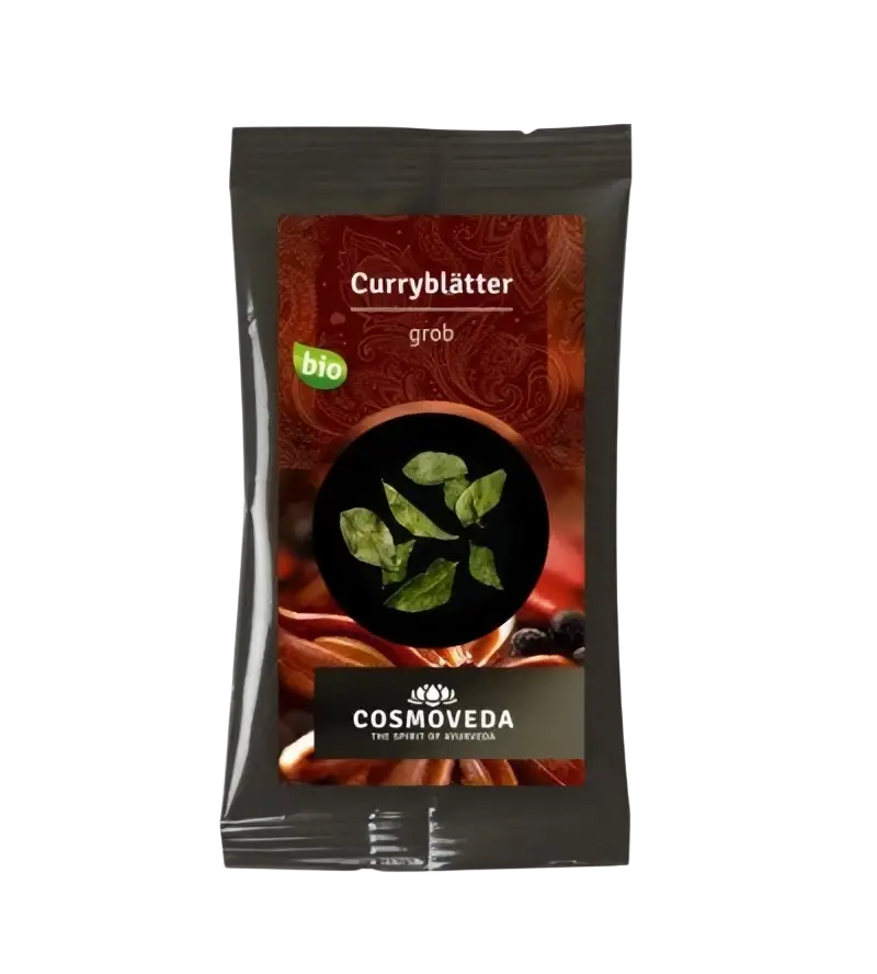 Bio Curry Blätter von Cosmoveda, antioxidansreiches Gewürz für Verdauung und Stoffwechsel, in einer Verpackung.