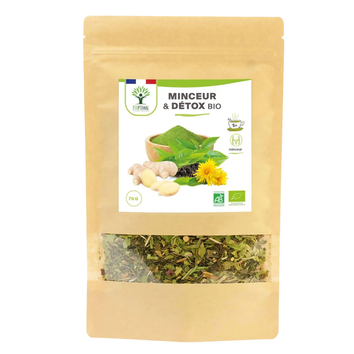 Bio Detox Kräutertee von Bioptimal mit Grüntee, Mate, Ingwer, Brennnessel und Löwenzahn zur Unterstützung beim Abnehmen.