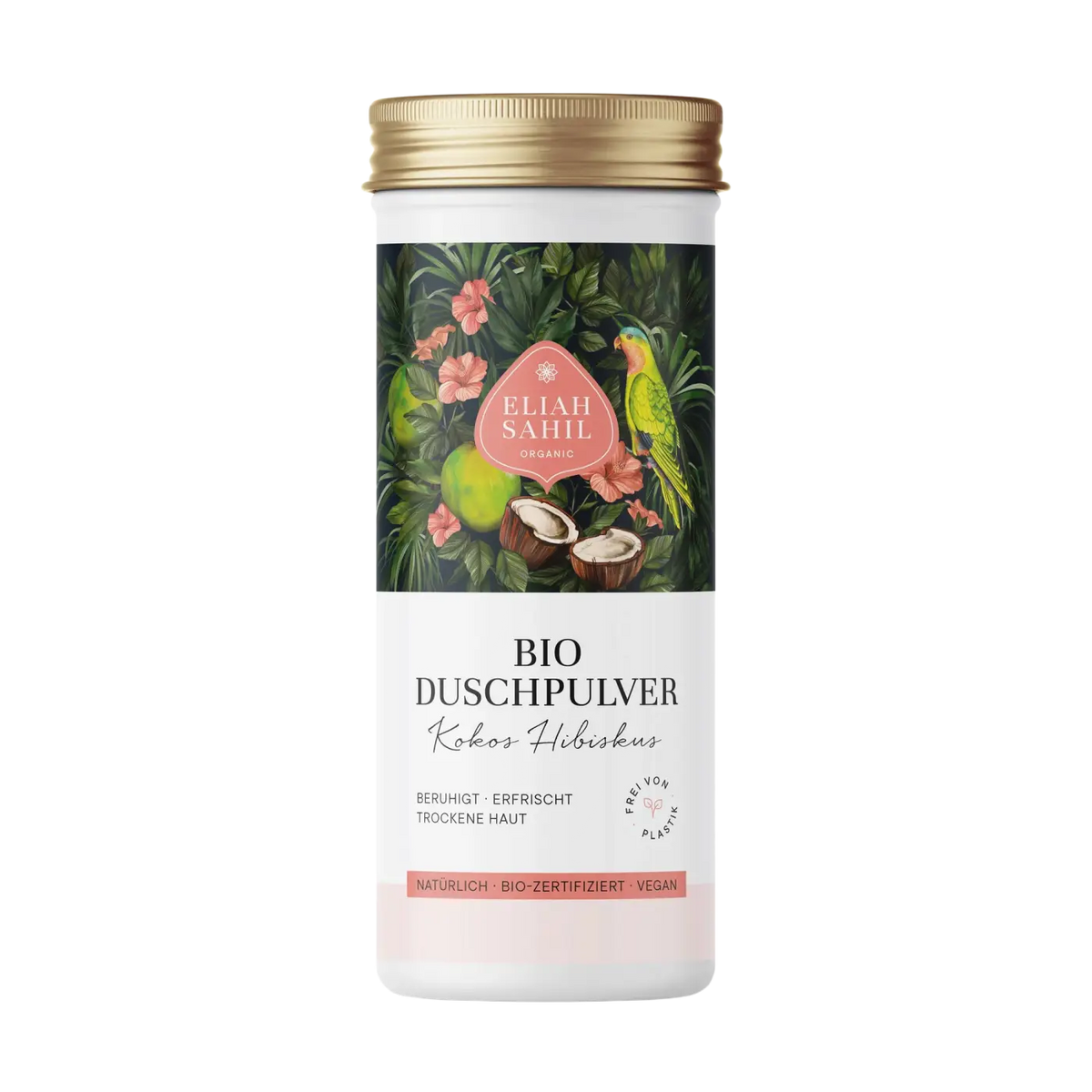 Bio Duschpulver Kokos Hibiskus für Haare in weißem, zylindrischem Behälter, von Eliah Sahil Organic Care GmbH