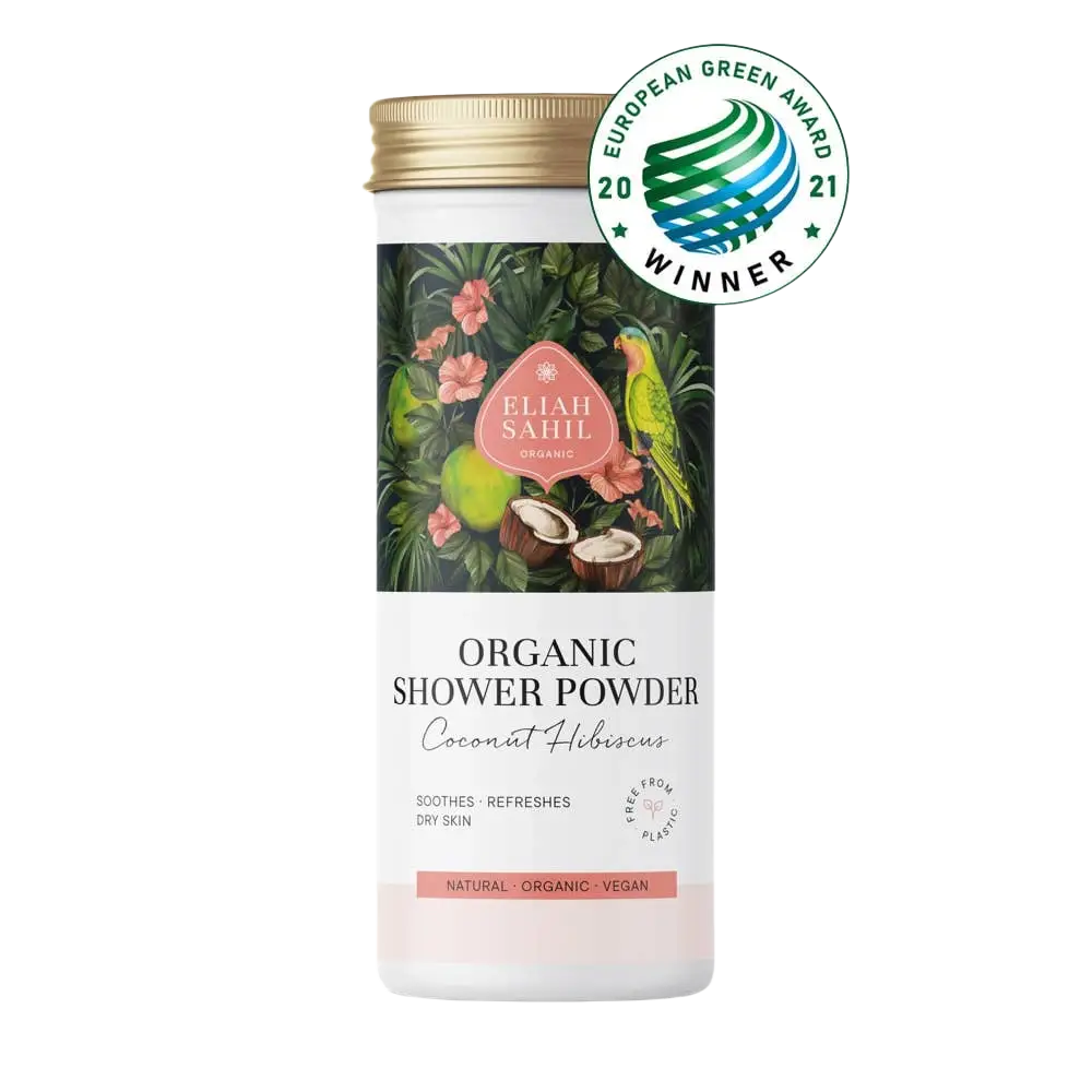 Bio Duschpulver Kokos und Hibiskus von Eliah Sahil Organic Care, für Haare in weißem zylindrischem Behälter