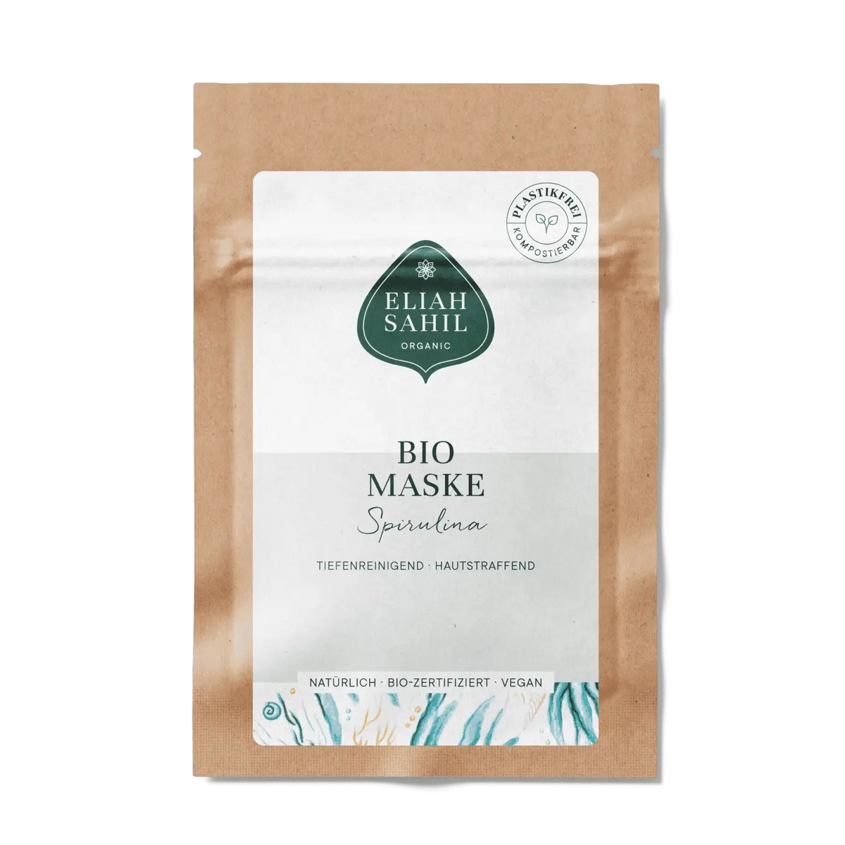 Bio Gesichtsmaske Spirulina in Travel Size, mit Algenextrakt und Heilerde für frische, jugendliche Haut, von Eliah Sahil Organic Care.