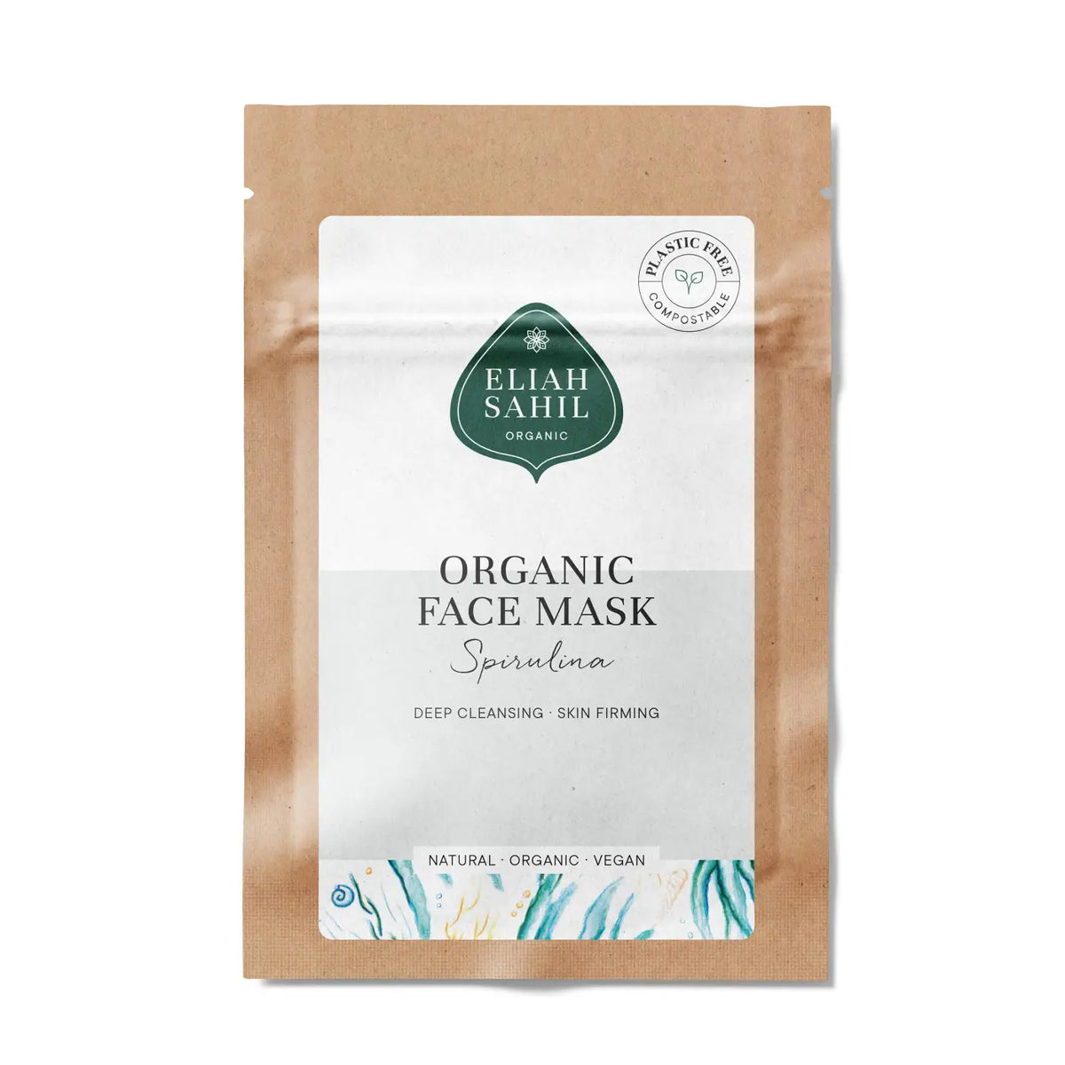 Bio Gesichtsmaske mit Spirulina, Heilerde und Algenextrakt, Travel Size 10g für jugendliche Haut, von Eliah Sahil Organic Care.