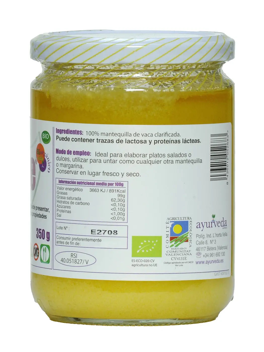 Bio-Ghee 350 g von Ayurveda Auténtico, reines geklärtes Butterfett in Glasbehälter, traditionell ayurvedisch hergestellt