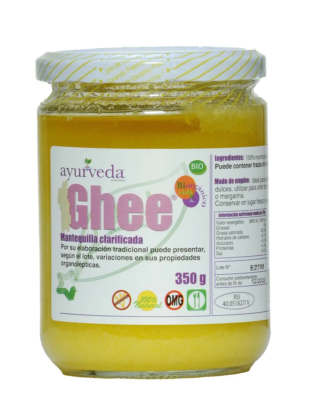 Bio-Ghee 350 g von Ayurveda Auténtico, geklärtes Butterfett in Glasbehälter, ayurvedische Tradition, für Kochen und Ayurveda