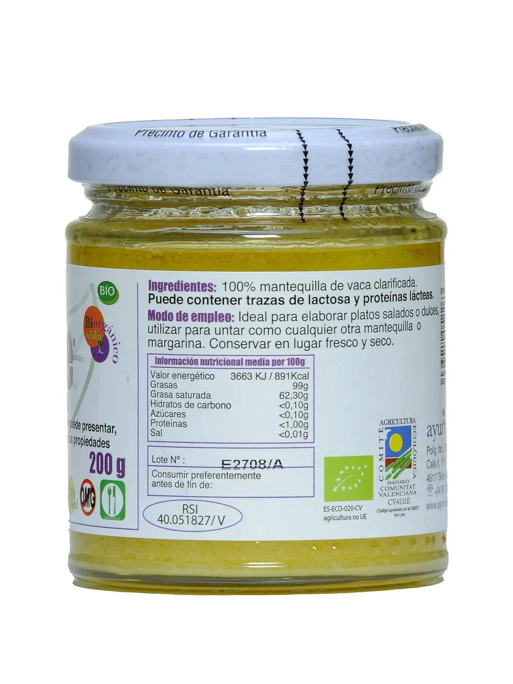 Bio-Ghee aus Kuhmilch, reines geklärtes Butterfett in 200 g Packung, Ayurveda Auténtico, Lebensmittel