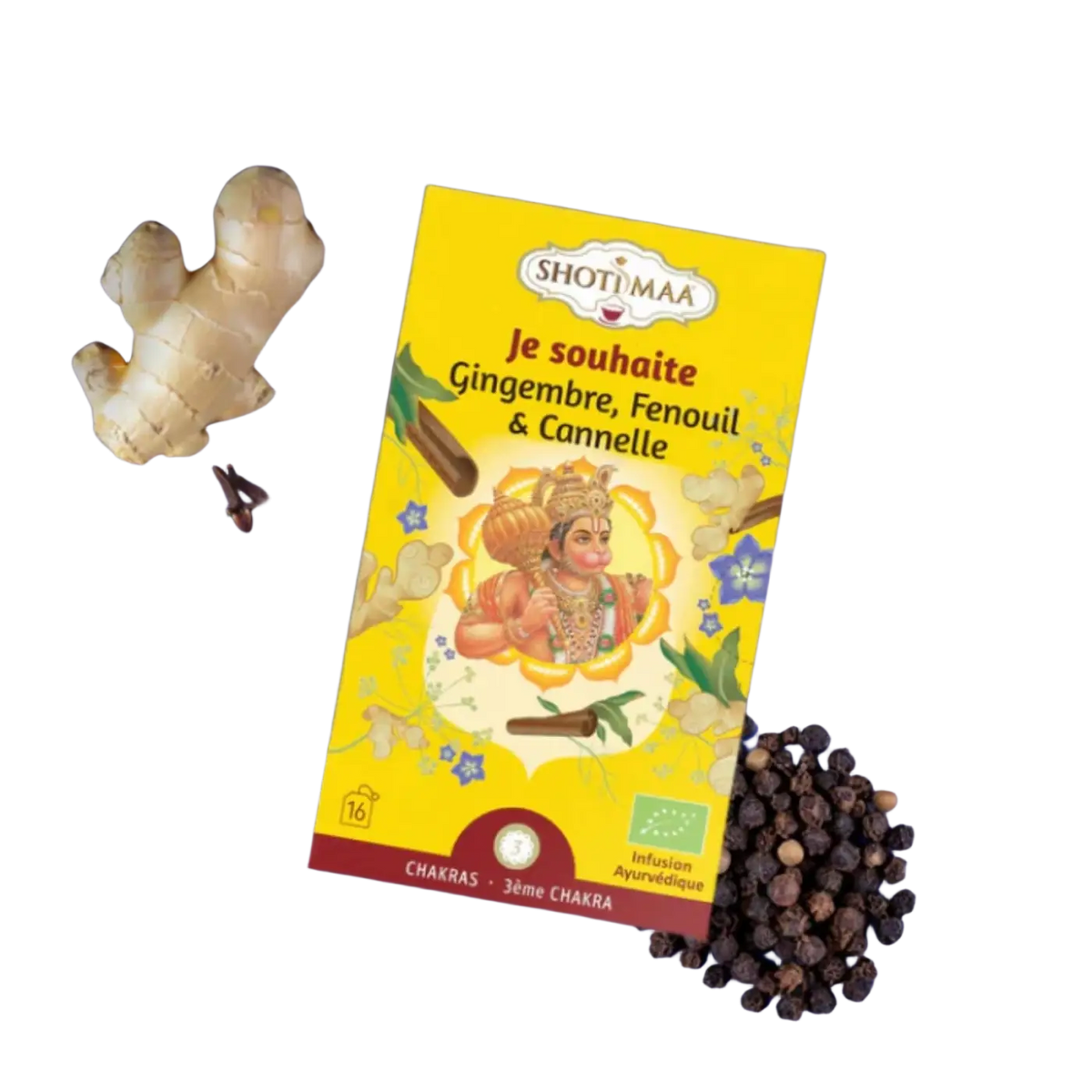 Bio-Kräutertee I WISH von Zen'Arome mit Ingwer, Fenchel, Zimt und Gewürzen, warmer, würziger Kräutertee in Tasse.