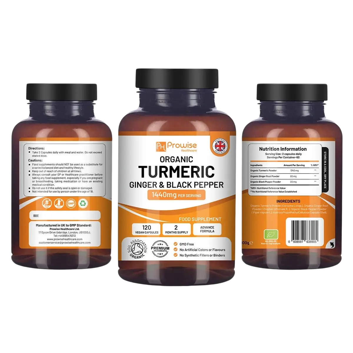 Vegane Bio-Kurkuma-Kapseln mit schwarzem Pfeffer und Ingwer, Prowise Healthcare, 120 Stück, Nahrungsergänzungsmittel