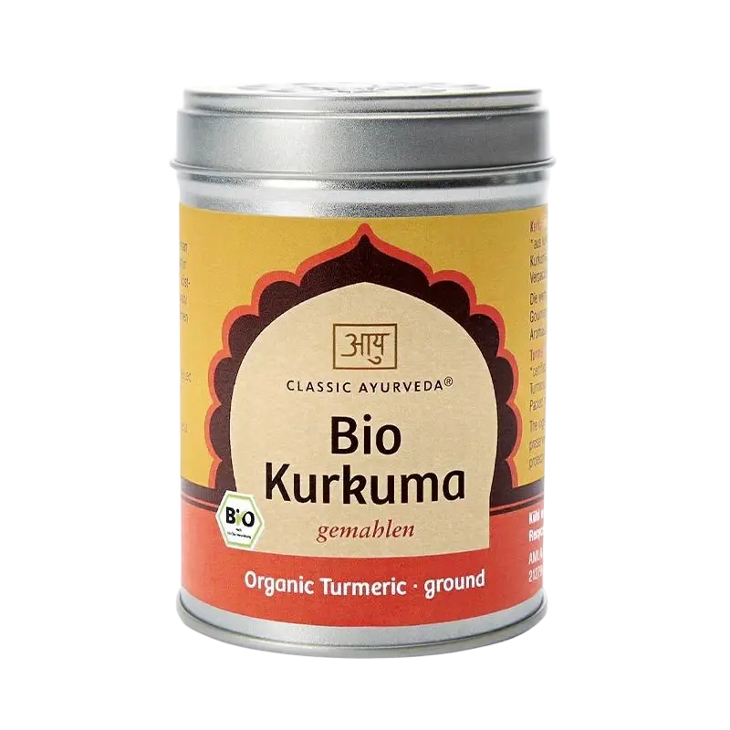 Bio Kurkuma gemahlen in zylindrischem Metallbehälter, Gewürz von Classic Ayurveda, 80g, reines Bio-Gewürz für die Küche