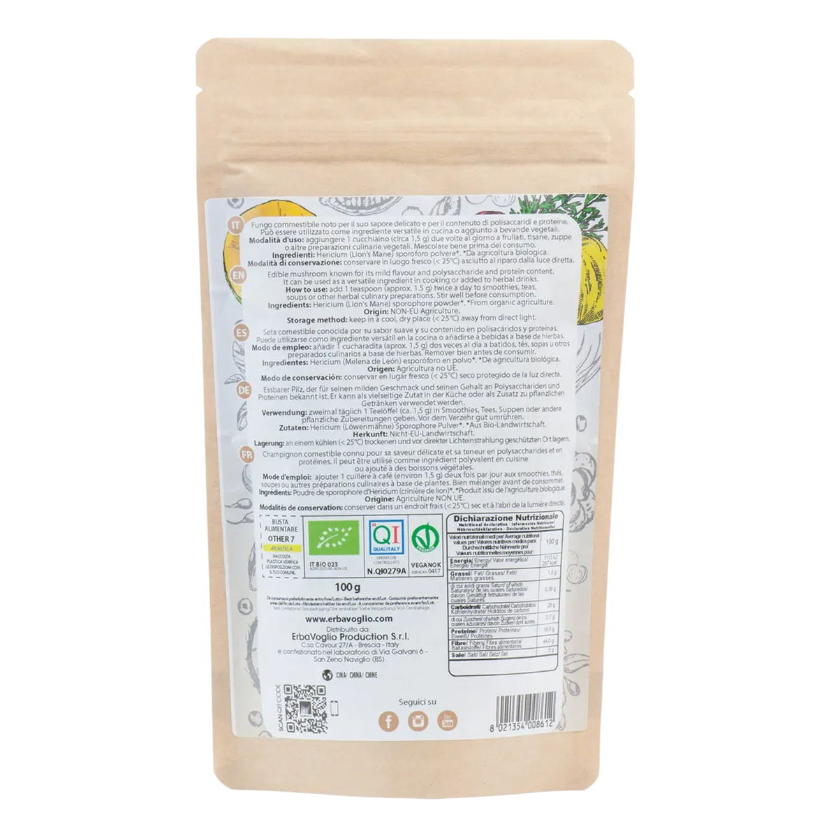 Bio-Löwenmähnenpulver von Erbavoglio, 100g, Nahrungsergänzung für Gehirn, Immunsystem und Darm, ideal als Kaffeeersatz.