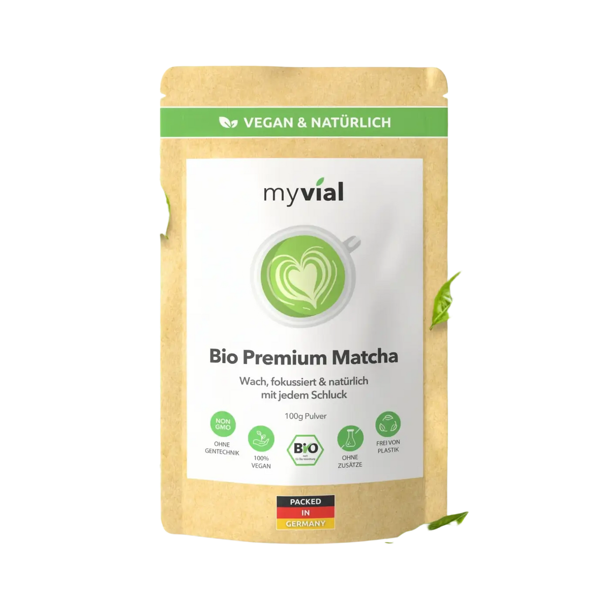 Bio Matcha Pulver von myvial, 100g, japanisches, veganes Matcha-Granulat für Konzentration, Fettverbrennung und Gewichtskontrolle