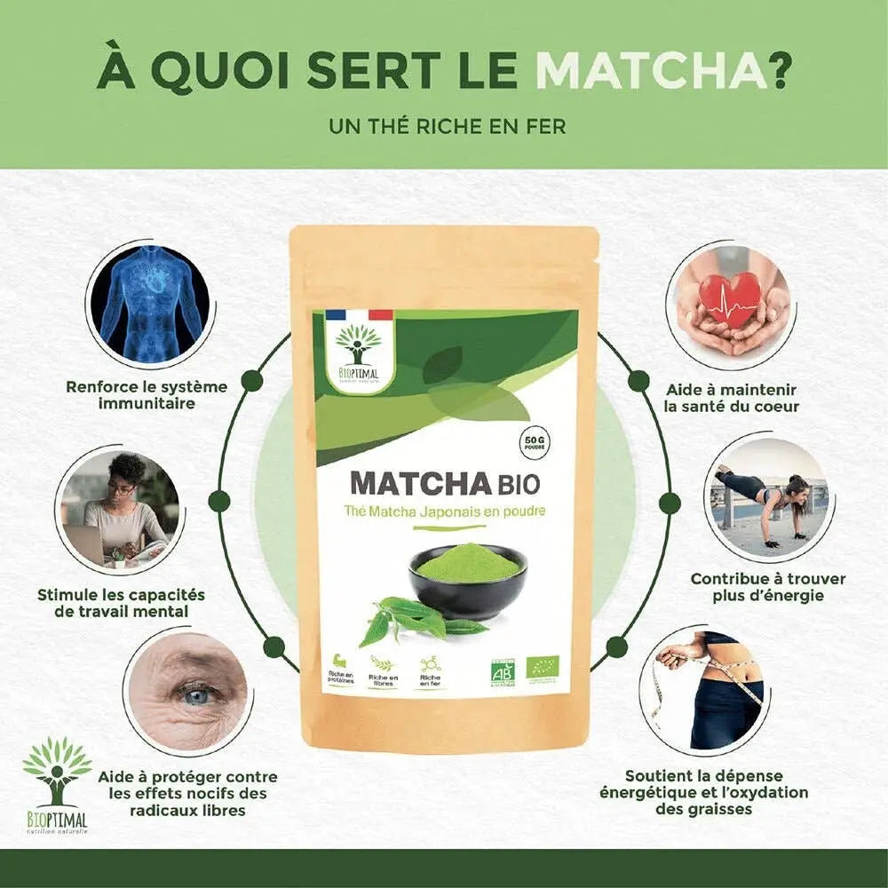 Bio Matcha Pulver von Bioptimal, feines grünes Tee-Pulver in 50g Packung, ideal für Energie, Fokus und Wohlbefinden.