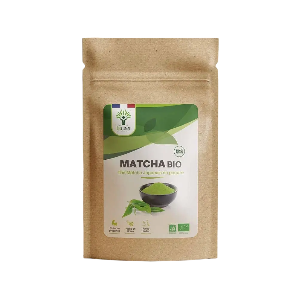 Bio Matcha Pulver von Bioptimal, grünes Tee-Pulver in Beutel, fördert Energie, Fokus und Wohlbefinden, 50g.