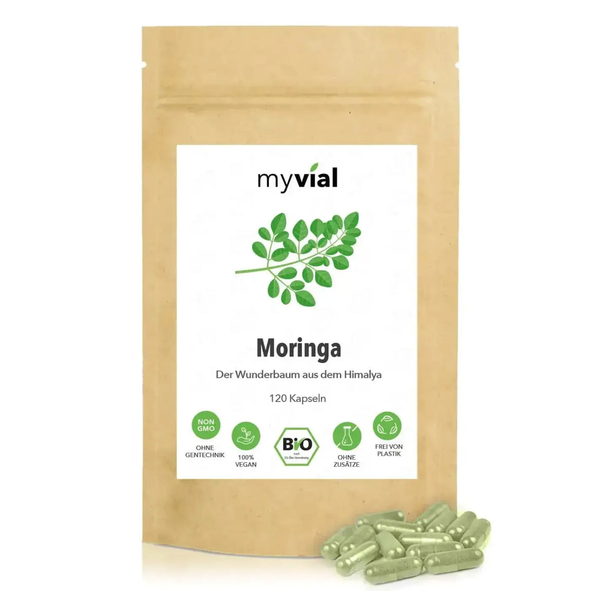 Bio Moringa Kapseln von myvial, 120 vegane Nahrungsergänzungskapseln in brauner Verpackung, sichtbare Kapseln in der Abbildung