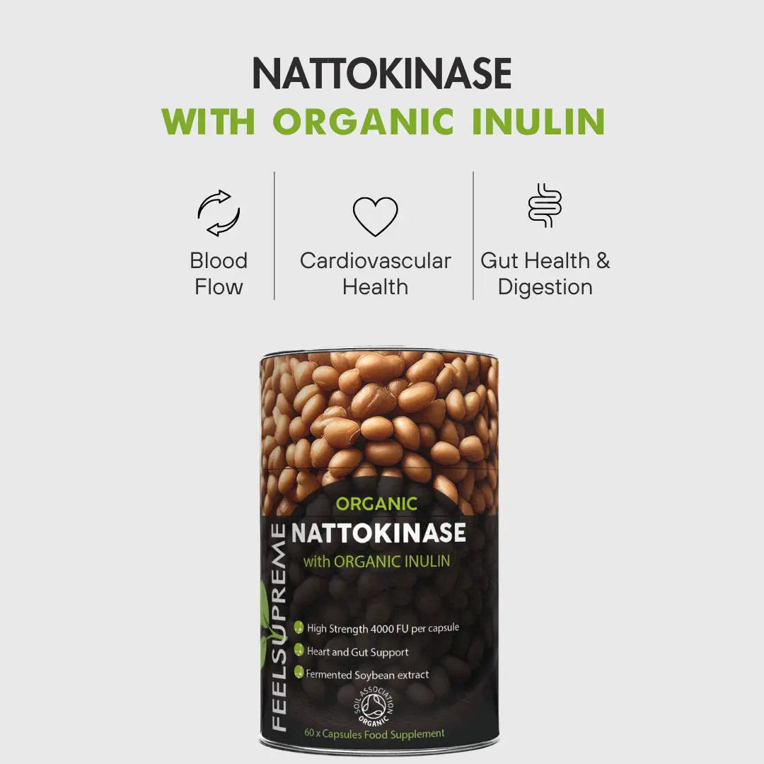 Bio-Nattokinase mit Inulin Nahrungsergänzung von Feel Supreme, natürliche Kombination aus Enzym und Ballaststoff auf weißem Hintergrund.