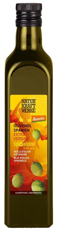 Bio Olivenöl von NaturKraftWerke aus Spanien, kaltgepresst, hochwertiges Öl in dunkler Flasche, ideal für Kochen und Salate.