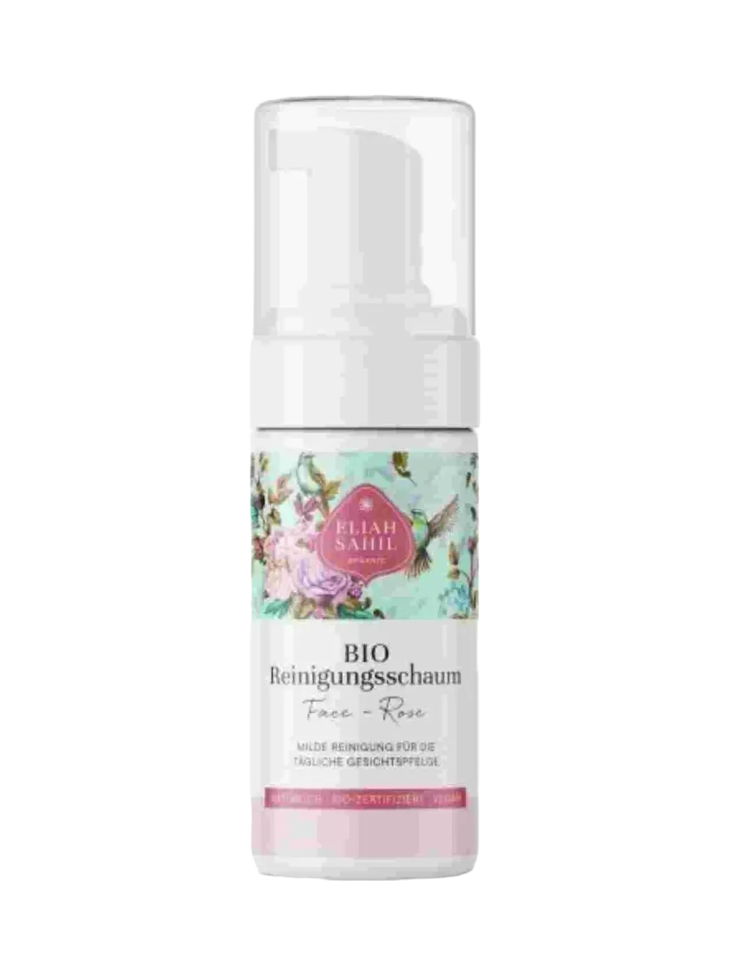 Bio Reinigungsschaum Rose für Gesicht in Glasflasche mit weißen Pumpspender von Eliah Sahil Organic Care GmbH