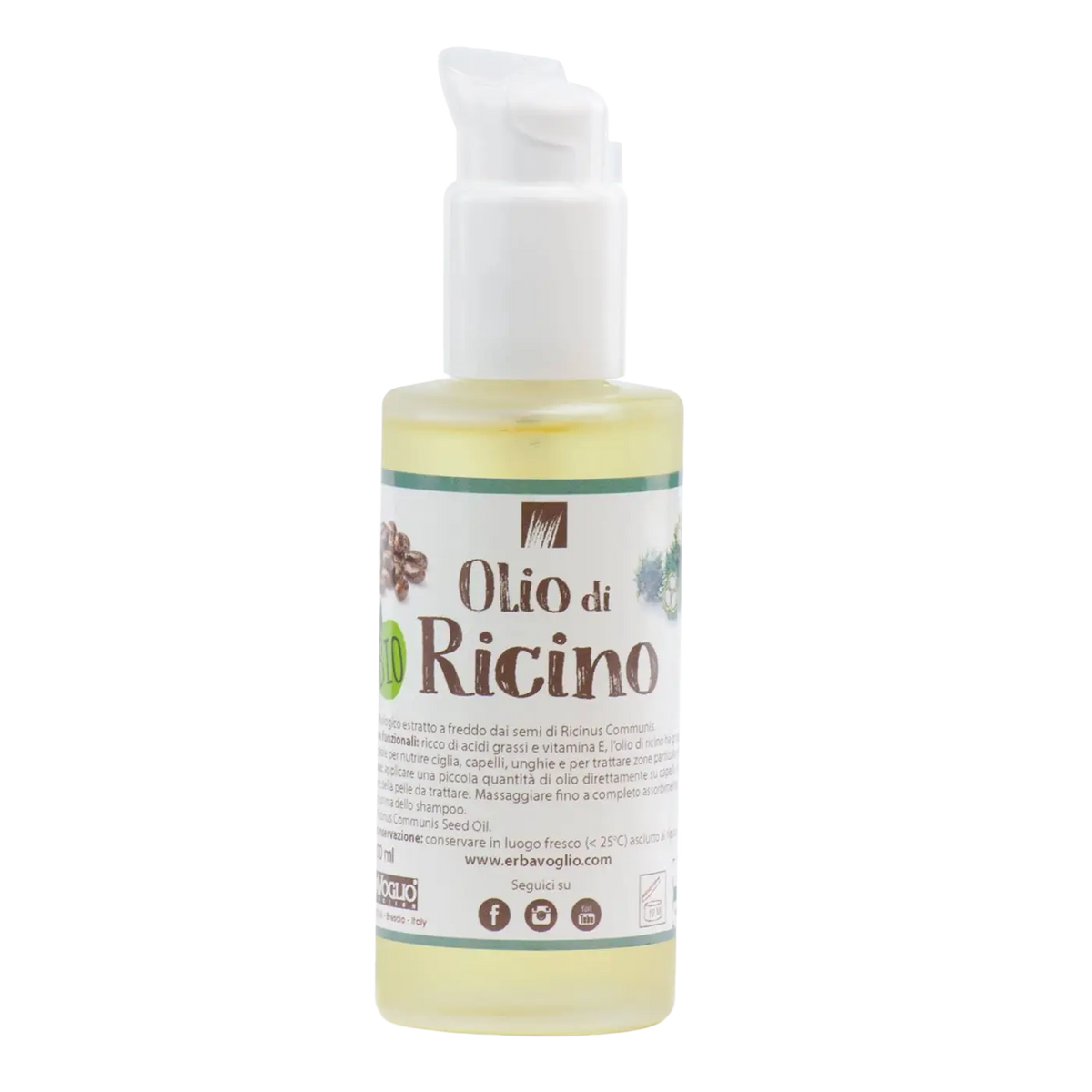 Bio-Rizinusöl von Erbavoglio, 100ml, für Haare, Hautgesundheit, natürliches Rizinusöl in einer Flasche auf weißem Hintergrund