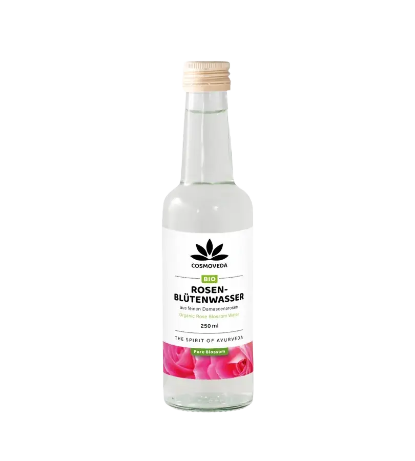 Bio Rosenblütenwasser von Cosmoveda, ayurvedisches Naturprodukt für Hautpflege, Haare und aromatische Anwendungen in der Küche