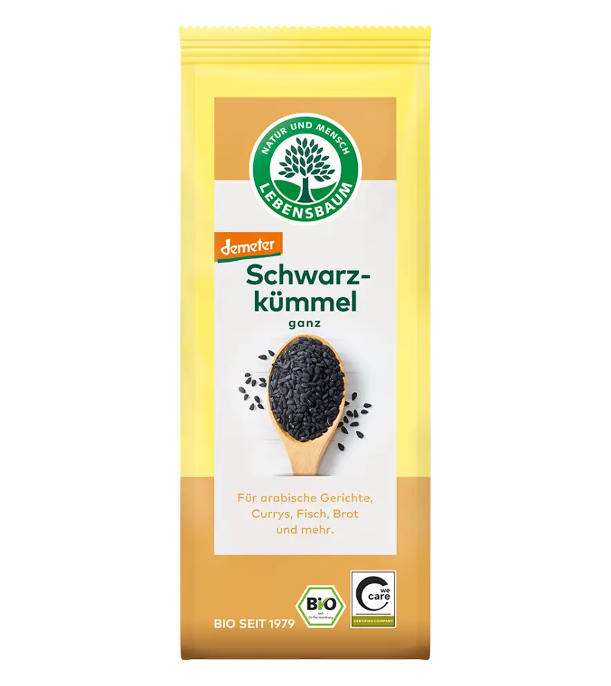 Bio schwarzkümmel ganz 50 g von demeter in gelb-beiger verpackung mit schwarzen samen bei mana shop verkauft