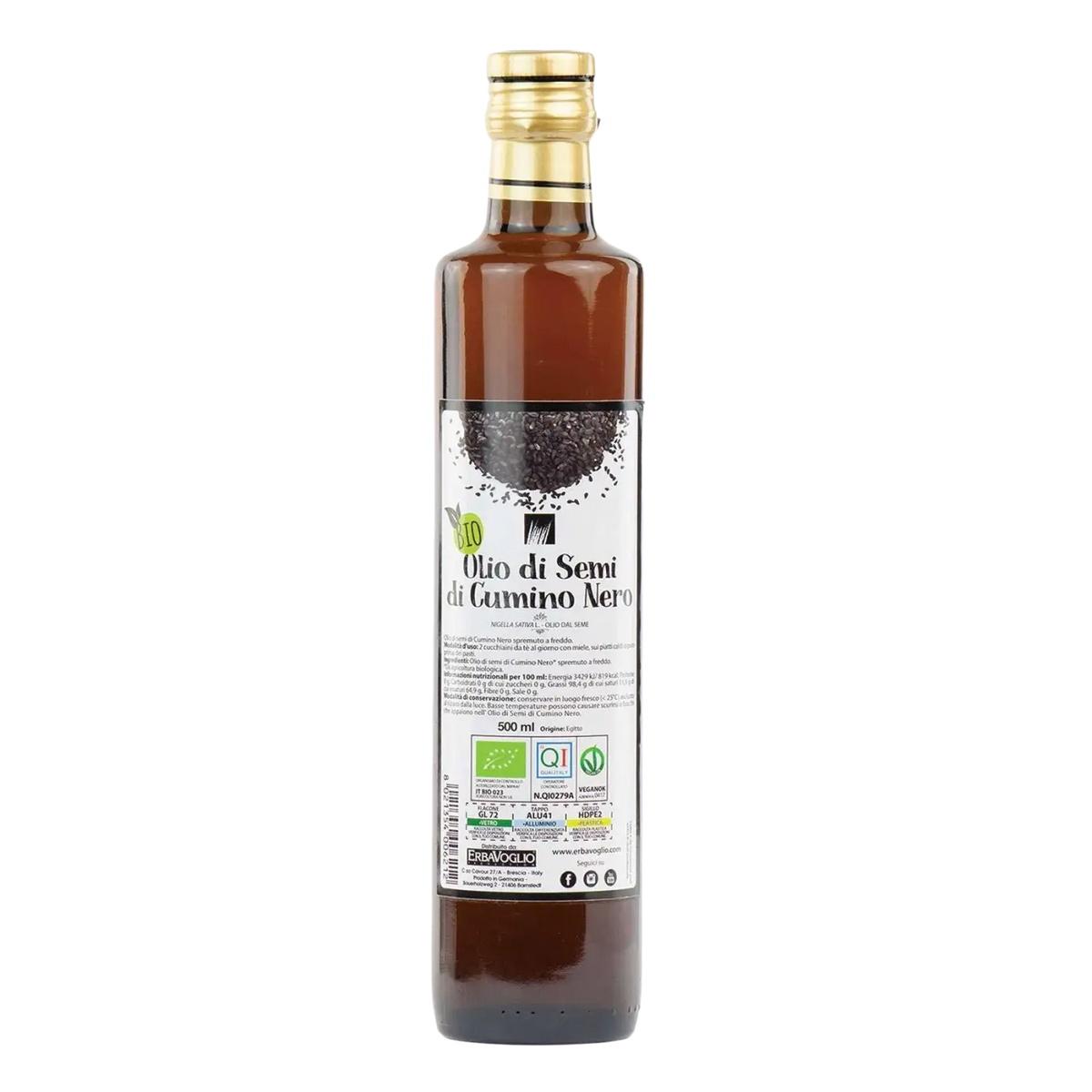 Bio Schwarzkümmelöl von Erbavoglio, 500 ml, kaltgepresst, natürliches Öl für gesunde Ernährung und Alltag.