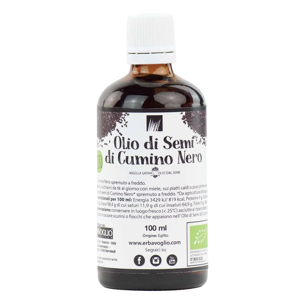 Bio-Schwarzkümmelöl von Erbavoglio für Immunsystem, Cholesterin, Verdauung, Haut und Haare, in dunkler Flasche.